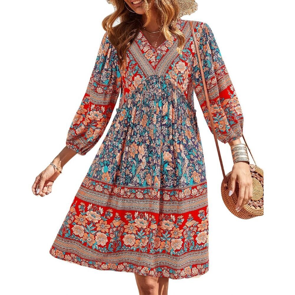 Women Boho Floral Mini Dress V Neck Short Sleeves Summer Casual